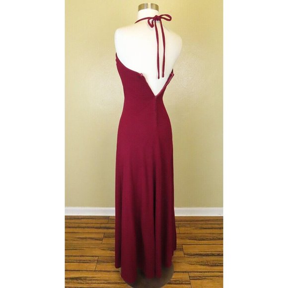 Vintage 70s Maroon Burgundy Red Rhinestone Rose Halter Prom Party Maxi Dress XXS - Picture 12 of 12